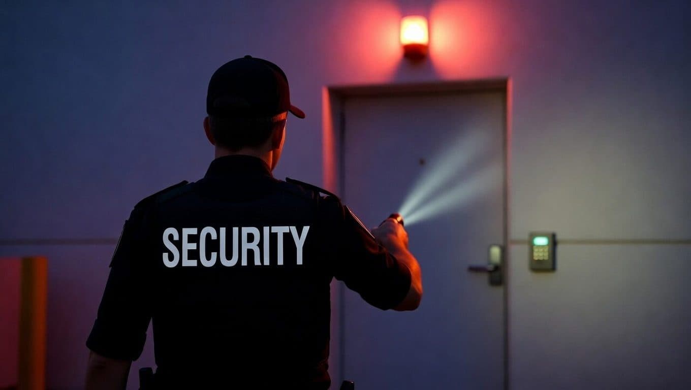 Security officer responding to an alarm with a torch