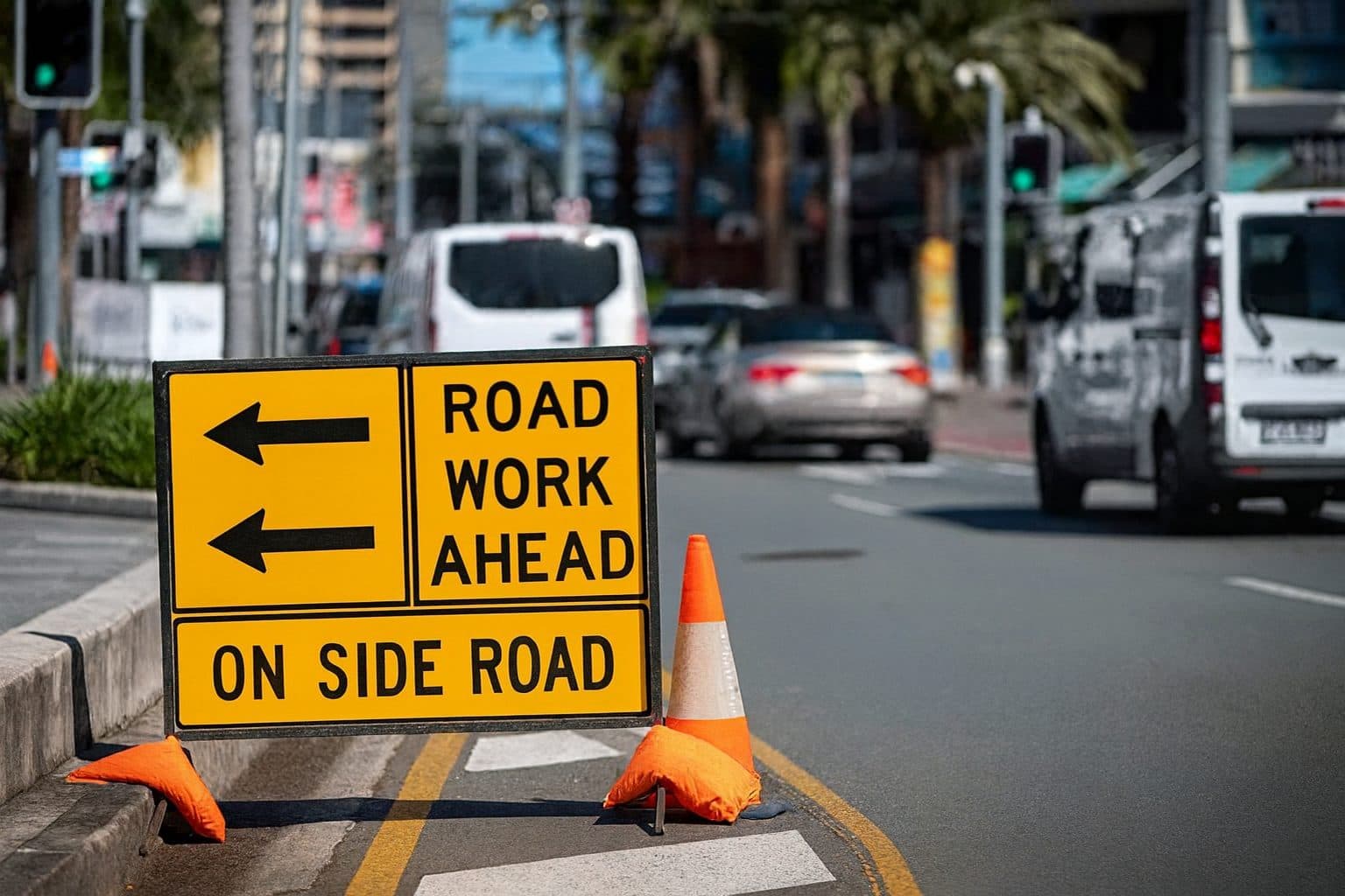 Road work ahead detour signage on a city street