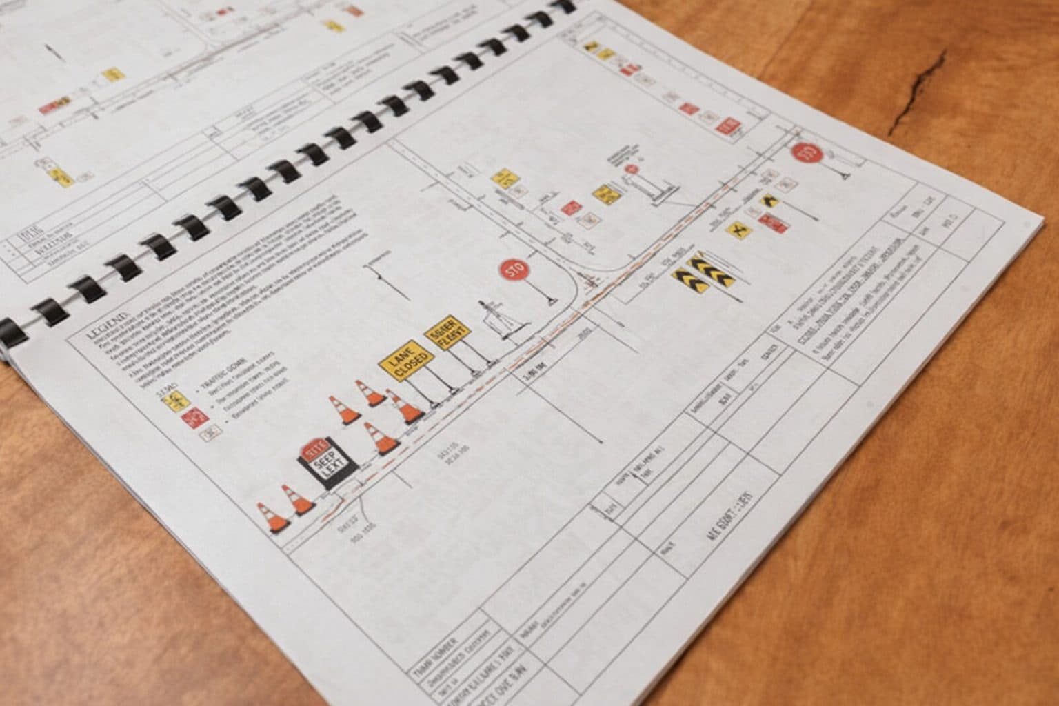 Traffic management plan drawings on a desk