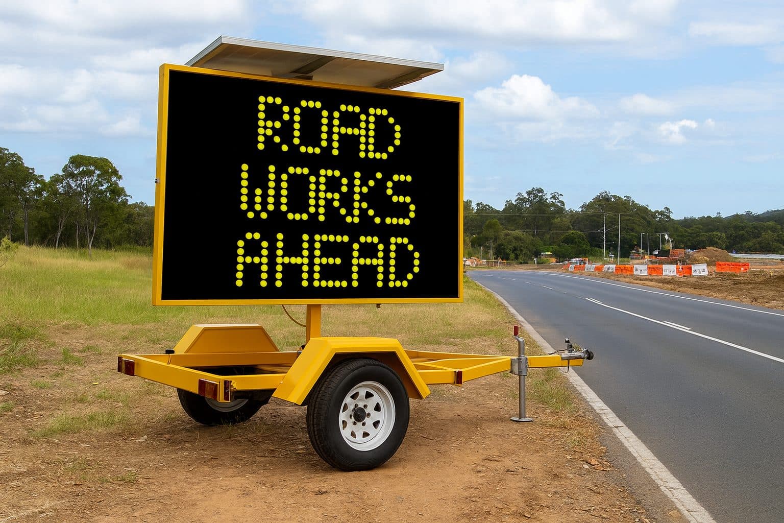 VMS board displaying road works ahead